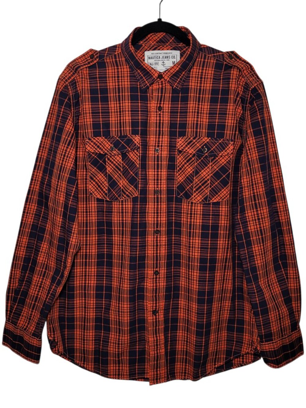 Nautica Jeans Co. Mens Plaid Flannel Button Down Shirt Medium Orange Navy NEW